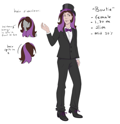 Size: 2449x2528 | Tagged: safe, artist:thebowtieone, oc, oc:bowtie, species:human, clothing, female, hat, human female, humanized, reference sheet, shoes, simple background, solo, suit, top hat, white background