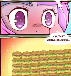 Size: 407x438 | Tagged: safe, artist:cold-blooded-twilight, artist:drakizora, edit, character:twilight sparkle, blushing, burger, food, that pony sure does love burgers