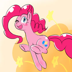 Size: 2048x2048 | Tagged: safe, artist:zokoira, character:pinkie pie, species:earth pony, species:pony, blushing, bush, cute, diapinkes, female, high res, jumping, looking at you, mare, one eye closed, solo, stars, wink, winking at you