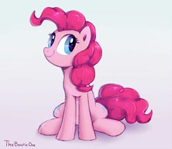 Size: 1581x1364 | Tagged: safe, artist:thebowtieone, character:pinkie pie, species:earth pony, species:pony, cute, diapinkes, female, gradient background, mare, sitting, solo