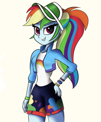 Size: 1660x2000 | Tagged: safe, artist:sadtrooper, character:rainbow dash, my little pony:equestria girls, beautiful, cap, clothing, confident, geode of super speed, hand on hip, hat, jacket, legs, looking at you, magical geodes, ponytail, rainbow, raised eyebrow, sexy, shirt, shorts, simple background, smiling, smirk, t-shirt, thighs, tomboy, white background, wristband
