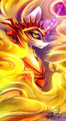 Size: 1024x1886 | Tagged: safe, artist:purediamond360, character:daybreaker, character:princess celestia, species:alicorn, species:pony, bust, eyelashes, female, fire, horn, looking at you, mane of fire, portrait, signature, solo