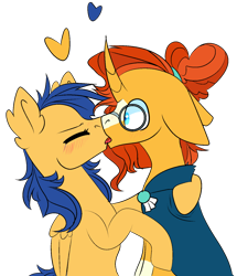 Size: 1270x1477 | Tagged: safe, artist:bublebee123, artist:icey-wicey-1517, edit, character:flash sentry, character:sunburst, species:pegasus, species:pony, species:unicorn, ship:flashburst, alternate hairstyle, blushing, clothing, collaboration, color edit, colored, curved horn, cute, diasentres, ear fluff, eyes closed, female, flare warden, flarestone, floppy ears, glasses, heart, horn, hug, kissing, lesbian, mare, markings, robe, rule 63, rule63betes, shipping, simple background, sunbetes, sunburst's glasses, sunburst's robe, sunstone (g4 r63 sunburst), transparent background