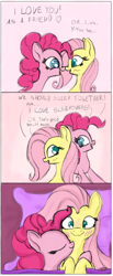 Size: 946x2301 | Tagged: safe, artist:nuxersopus, character:fluttershy, character:pinkie pie, species:pony, ship:flutterpie, bed, blushing, comic, female, lesbian, pillow, shipping, sleeping together, smiling, wavy mouth