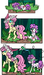 Size: 1897x3257 | Tagged: safe, artist:spudsmcfrenzy, character:fluttershy, character:sweetie belle, species:pegasus, species:pony, species:unicorn, comic:wild au, alternate design, alternate universe, black eye, blood, dragonfly, floral head wreath, flower, insect, simple background, story included, transparent background