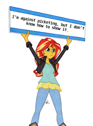 Size: 950x1278 | Tagged: safe, artist:manly man, edit, character:sunset shimmer, my little pony:equestria girls, exploitable meme, female, irony, meme, mitch hedberg, sign, solo, sunset's board