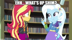 Size: 800x450 | Tagged: safe, artist:mlpfan3991, edit, edited screencap, screencap, character:sunset shimmer, character:trixie, equestria girls:forgotten friendship, g4, my little pony: equestria girls, my little pony:equestria girls, bugs bunny, caption, carrot, food, image macro, looney tunes, meme, text, trixie yells at everything