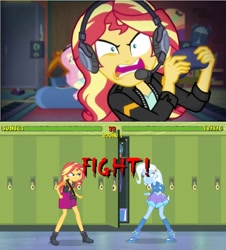 Size: 747x826 | Tagged: safe, artist:mlpfan3991, edit, edited screencap, screencap, character:fluttershy, character:sunset shimmer, character:trixie, g4, my little pony: equestria girls, my little pony:equestria girls, canterlot high, edited edit, fighter, locker, meme, mortal kombat, sunset shimmer frustrated at game, sunset's apartment, versus, video game