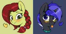 Size: 2413x1241 | Tagged: safe, artist:rexyseven, oc, oc only, oc:oil drop, oc:pixel shield, species:pony, species:unicorn, blushing, braid, bust, collar, female, glasses, heart, mare, portrait, simple background, smiling at you, tongue out