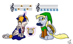 Size: 1131x681 | Tagged: safe, artist:kudalyn, character:derpy hooves, species:pegasus, species:pony, species:unicorn, :t, aaaaaaaaaa, clothing, costume, crossover, duo, female, floppy ears, glare, levitation, link, magic, mare, mouth hold, musical instrument, nintendo, nose wrinkle, ocarina, ponified, sheik, simple background, sitting, smiling, song of storms, tail wrap, telekinesis, the legend of zelda, the legend of zelda: ocarina of time, unamused, white background