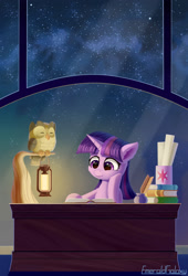 Size: 1500x2200 | Tagged: safe, artist:emeraldgalaxy, character:owlowiscious, character:twilight sparkle, character:twilight sparkle (alicorn), species:alicorn, species:pony, book, cheek fluff, ear fluff, female, inkwell, lantern, night, quill, reading, solo, stars, window
