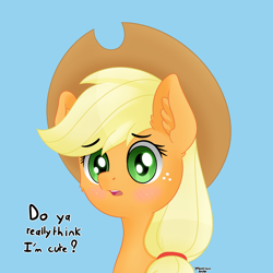 Size: 2000x2000 | Tagged: safe, artist:yelowcrom, character:applejack, species:earth pony, species:pony, blushing, bust, cheek fluff, clothing, cute, ear fluff, female, hat, jackabetes, looking at you, mare, portrait, simple background, solo, talking to viewer, text
