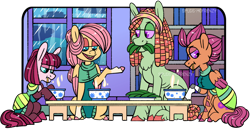 Size: 1280x660 | Tagged: safe, artist:spudsmcfrenzy, character:fluttershy, character:scootaloo, character:tree hugger, oc, oc:romeo, parent:fluttershy, parent:tree hugger, parents:flutterhugger, species:pegasus, species:pony, bowl, leaf, magical lesbian spawn, offspring