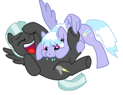 Size: 892x690 | Tagged: safe, artist:diana173076, character:cloudchaser, character:thunderlane, species:pegasus, species:pony, ship:thunderchaser, female, male, raspberry, shipping, straight, tickling, tongue out, tummy buzz