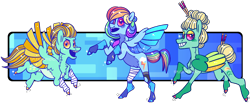 Size: 2380x985 | Tagged: safe, artist:spudsmcfrenzy, character:lightning dust, character:rainbow dash, character:zephyr breeze, species:pony, bandage, colored wings, multicolored wings, simple background, transparent background, wings
