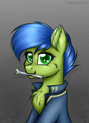 Size: 1144x1584 | Tagged: safe, artist:darklight1315, oc, oc only, oc:scotch tape, species:earth pony, species:pony, fallout equestria, fallout equestria: project horizons, chest fluff, cute, fanfic art, mouth hold, solo, wrench