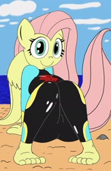 Size: 1336x2048 | Tagged: safe, artist:tenebrousmelancholy, character:fluttershy, species:anthro, species:plantigrade anthro, adorasexy, barefoot, beach, breasts, busty fluttershy, cute, equestria girls outfit, feet, female, looking at you, pose, sand, sexy, shyabetes, sitting, solo, wetsuit