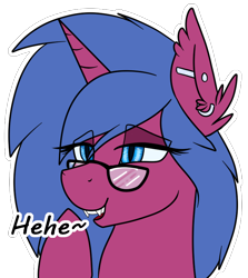 Size: 724x810 | Tagged: safe, artist:sevenserenity, patreon reward, oc, oc only, oc:sparky showers, species:alicorn, species:bat pony, species:pony, bat pony alicorn, bat wings, commission, ear fluff, emoji, fangs, giggling, glasses, horn, industrial, industrial piercing, laughing, patreon, patron reward, piercing, simple background, text, transparent background, wings