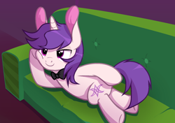 Size: 1602x1128 | Tagged: safe, artist:arshe12, artist:katnekobase, oc, oc only, oc:lapush buns, species:pony, species:unicorn, bow tie, bunny ears, bunnycorn, draw me like one of your french girls, lying on bed, on side, sofa bed, solo, ych result