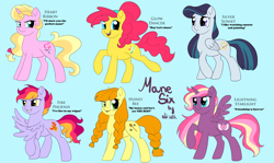 Size: 3594x2148 | Tagged: safe, artist:ali-selle, oc, oc only, oc:lightning starlight, species:alicorn, species:earth pony, species:pegasus, species:pony, species:unicorn, alternate mane six, blue background, design, group, multiple characters, simple background