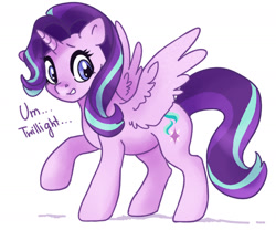 Size: 1396x1164 | Tagged: safe, artist:ali-selle, character:starlight glimmer, species:alicorn, species:pony, alicornified, confused, female, race swap, solo, starlicorn, talking, what if, wings, xk-class end-of-the-world scenario
