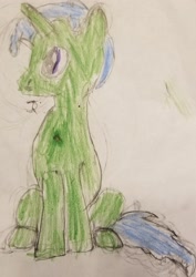 Size: 1868x2645 | Tagged: safe, artist:joeydr, oc, oc only, oc:green byte, species:pony, species:unicorn, male, signature, simple background, sitting, solo, stallion, traditional art, white background