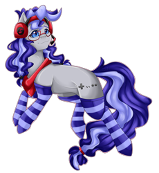 Size: 4143x4498 | Tagged: safe, artist:crecious, oc, oc only, oc:cinnabyte, species:earth pony, species:pony, adorkable, bandana, clothing, cute, dork, female, gaming headset, glasses, headset, mare, simple background, smiling, socks, solo, striped socks, transparent background