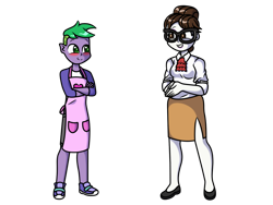 Size: 900x675 | Tagged: safe, artist:pony4koma, character:raven inkwell, character:spike, species:dragon, species:pony, species:unicorn, ship:ravenspike, my little pony:equestria girls, apron, ascot, blushing, clothing, crossed arms, female, glasses, hair bun, happy, heart, legs, male, mare, older, older spike, secretary, shipping, shoes, simple background, skirt, smiling, smirk, sneakers, straight, transparent background