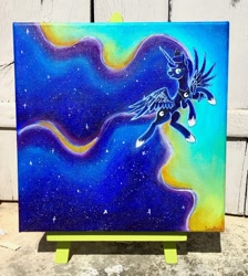 Size: 1024x1141 | Tagged: safe, artist:colorsceempainting, character:princess luna, species:alicorn, species:pony, acrylic painting, female, flying, jewelry, mare, photo, regalia, solo, traditional art