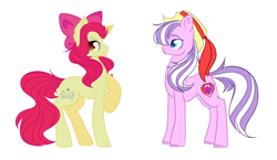 Size: 4872x2833 | Tagged: safe, artist:bublebee123, character:apple bloom, character:diamond tiara, species:earth pony, species:pony, ship:diamondbloom, alternate cutie mark, alternate hairstyle, alternate universe, apple bloom's bow, bow, clothing, female, grin, hair bow, hat, lesbian, mare, older, older apple bloom, older diamond tiara, raised hoof, role reversal, shipping, simple background, smiling, smug, swapped cutie marks, white background