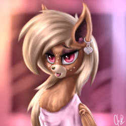 Size: 1024x1024 | Tagged: safe, artist:cherrymocaccino, artist:zuko42, oc, oc:cherry mocaccino, species:bat, species:deer, bat deer, bust, chest fluff, clothing, ear piercing, earring, eyeshadow, fangs, freckles, heart, jewelry, looking at you, makeup, original species, piercing, portrait, simple background, solo, tongue out, vampire