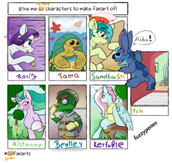 Size: 1482x1412 | Tagged: safe, artist:fuzzypones, character:kerfuffle, character:mistmane, character:rarity, character:sandbar, species:earth pony, species:pegasus, species:pony, species:unicorn, friendship is magic: rainbow roadtrip, g4, my little pony: friendship is magic, crossover, female, glowing horn, horn, love hina tama, magic, male, mare, six fanarts, sly cooper bentley, stallion, stitch, surfboard, telekinesis, tongue out