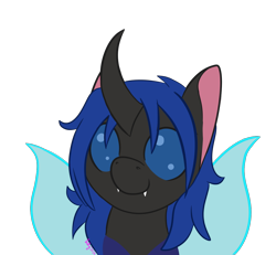 Size: 1300x1200 | Tagged: safe, artist:inkynotebook, part of a set, oc, oc only, oc:swift dawn, species:changeling, species:pony, blue changeling, blue eyes, changeling oc, changeling queen, changeling queen oc, commission, curved horn, fangs, horn, simple background, smiling, solo, transparent background, ych result