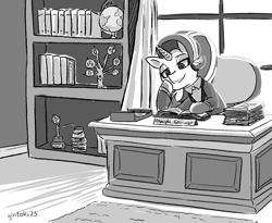 Size: 2480x2032 | Tagged: safe, artist:gintoki23, character:starlight glimmer, species:pony, species:unicorn, book, bookshelf, chair, clothing, desk, female, globe, kite, monochrome, older, older starlight glimmer, reading, sitting, smiling, solo, starlight's office, suit