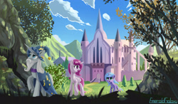 Size: 3600x2100 | Tagged: safe, artist:emeraldgalaxy, character:princess celestia, character:princess luna, character:star swirl the bearded, species:alicorn, species:pony, species:unicorn, beard, cape, castle, castle of the royal pony sisters, clothing, facial hair, female, filly, foal, male, moustache, pink-mane celestia, royal sisters, signature, stallion, trio, woona, younger