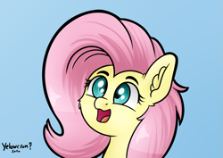 Size: 1997x1412 | Tagged: safe, artist:yelowcrom, character:fluttershy, species:pony, blue background, bust, cheek fluff, cute, ear fluff, female, mare, open mouth, portrait, shyabetes, simple background, solo