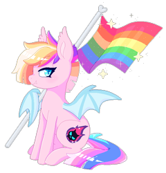 Size: 588x613 | Tagged: safe, artist:glitterring, oc, oc only, species:bat pony, species:pony, bat pony oc, bat wings, gay pride flag, pixel art, pride flag, simple background, slit eyes, smiling, solo, transparent background, wings