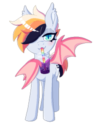 Size: 423x556 | Tagged: safe, artist:glitterring, oc, oc only, species:bat pony, species:pony, bat pony oc, bat wings, bedroom eyes, cup, drinking, ear fluff, eyeliner, hair over one eye, makeup, one wing out, pixel art, simple background, solo, transparent background, winghold, wings
