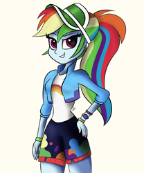 Size: 1660x2000 | Tagged: safe, artist:sadtrooper, character:rainbow dash, g4, my little pony: equestria girls, my little pony:equestria girls, spoiler:eqg series (season 2), cute, dashabetes, female, hand on hip, ponytail, simple background, smiling, solo, visor, white background