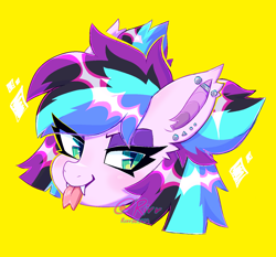 Size: 1200x1118 | Tagged: safe, artist:glitterring, species:pony, ear piercing, earring, eyeliner, fangs, forked tongue, jewelry, makeup, open mouth, piercing, signature, simple background, slit eyes, solo