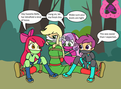 Size: 1097x808 | Tagged: safe, artist:author92, character:apple bloom, character:applejack, character:scootaloo, character:sweetie belle, species:pegasus, species:pony, my little pony:equestria girls, alternate costumes, blindfold, bondage, bound and gagged, brightly colored ninjas, cleave gag, cutie mark crusaders, female, forest, gag, kunoichi, mask, ninja, rope, sandals, sibling rivalry, siblings, sisters, tied up