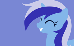 Size: 2400x1500 | Tagged: safe, artist:gingermint, artist:icekatze, character:minuette, species:pony, species:unicorn, background pony, bust, eyes closed, female, horn, lineless, mare, portrait, simple background, smiling, solo, teeth, wallpaper