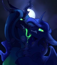 Size: 1177x1329 | Tagged: safe, artist:rockin_candies, character:princess luna, character:queen chrysalis, species:alicorn, species:changeling, species:pony, changeling queen, curved horn, drool, duo, embrace, female, glowing tongue, gritted teeth, horn, hypnosis, mare, moon, swirly eyes, tongue out, wings