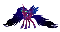 Size: 1280x700 | Tagged: safe, artist:lumi-infinite64, oc, oc only, species:alicorn, species:pony, colored wings, ethereal mane, evil, evil form, flowy mane, gradient hair, gradient wings, jewelry, oc villain, regalia, simple background, solo, transparent background, wings