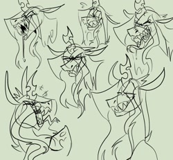 Size: 2018x1864 | Tagged: safe, artist:rockin_candies, character:queen chrysalis, species:changeling, species:pony, angry, changeling queen, drool, fangs, female, laughing, monochrome, sketch, sketch dump, solo, worried