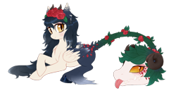 Size: 1000x528 | Tagged: safe, artist:glitterring, oc, oc only, species:pony, augmented tail, blep, cow plant pony, fangs, female, floral head wreath, flower, hoof fluff, hoof polish, monster pony, original species, plant, plant pony, prone, rose, simple background, slit eyes, smiling, thorns, tongue out, transparent background, wings