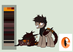 Size: 900x637 | Tagged: safe, artist:glitterring, oc, oc only, augmented tail, bat wings, cow plant pony, fangs, horn, male, monster pony, original species, plant, plant pony, reference sheet, simple background, slit eyes, smiling, tongue out, wings