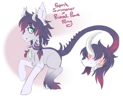 Size: 1024x820 | Tagged: safe, artist:glitterring, oc, oc only, augmented tail, chest fluff, cow plant pony, curved horn, ear piercing, fangs, forked tongue, horn, male, monster pony, original species, piercing, plant, plant pony, raised hoof, simple background, smiling, thorns, transparent background
