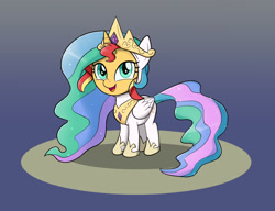 Size: 1300x1000 | Tagged: safe, artist:mew-me, character:princess celestia, character:sunset shimmer, species:pony, species:unicorn, clothing, cosplay, costume, crown, cute, female, filly, filly sunset shimmer, happy, jewelry, pony costume, regalia, shimmerbetes, weapons-grade cute, younger