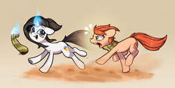 Size: 2593x1309 | Tagged: safe, artist:rexyseven, oc, oc only, oc:leesys, oc:rusty gears, species:earth pony, species:pony, species:unicorn, female, freckles, magic, mare, sock